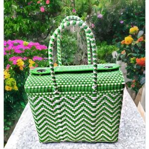 Women's Green White Handwoven Recycled Plastic Mexican Bag Handcrafted Square